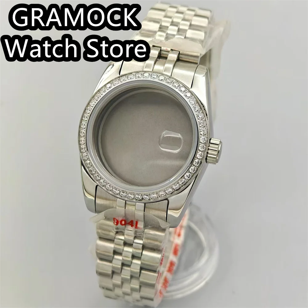 GRAMOCK 30.5mm Luxury Diamond Bezel Women Watch Case Sapphire Glass Steel Strap For NH05 NH06 Movement Replacement Parts