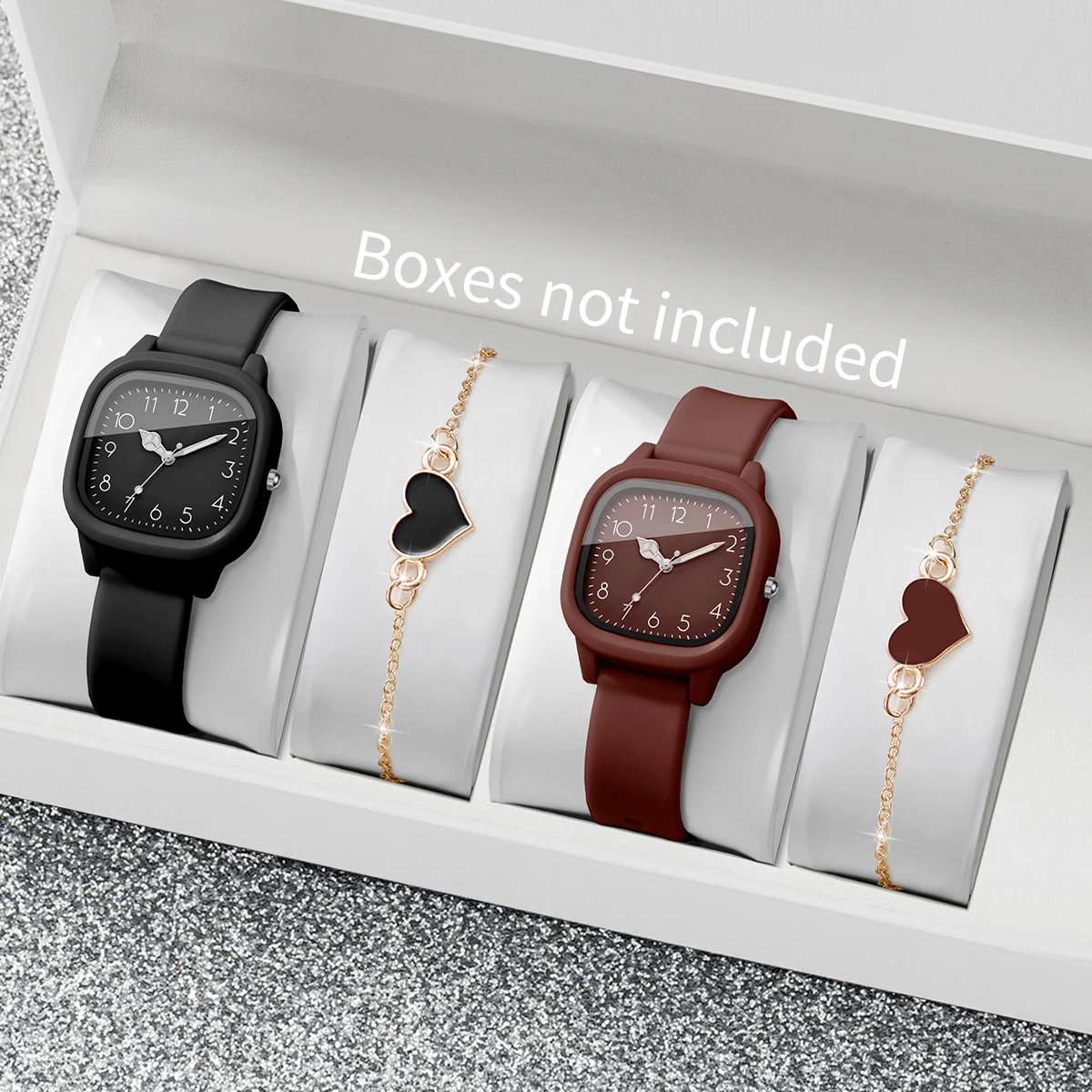 

2/4PCS Women Square Arabic Dial Silicone Strap Wristwatch With Heart Bracelet Set Reloj Mujer Girls Clock Gift(Without Box)