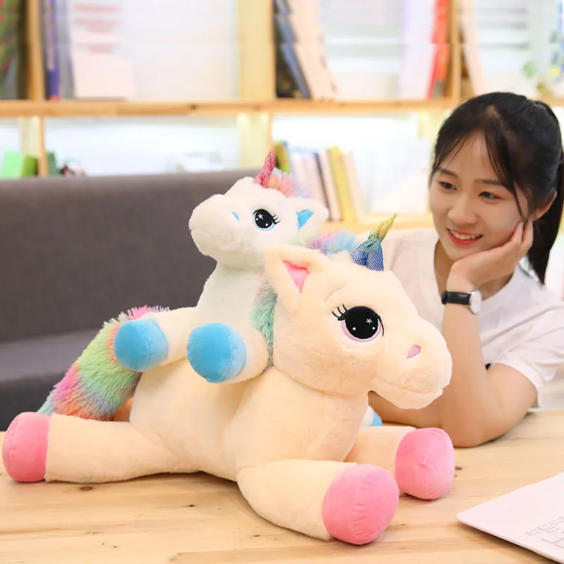 1pc 40cm/15.74in Lying Rainbow Unicorn Doll Lucky Star Little Pegasus Plush Toy Hug Rainbow Horse Birthday Gift