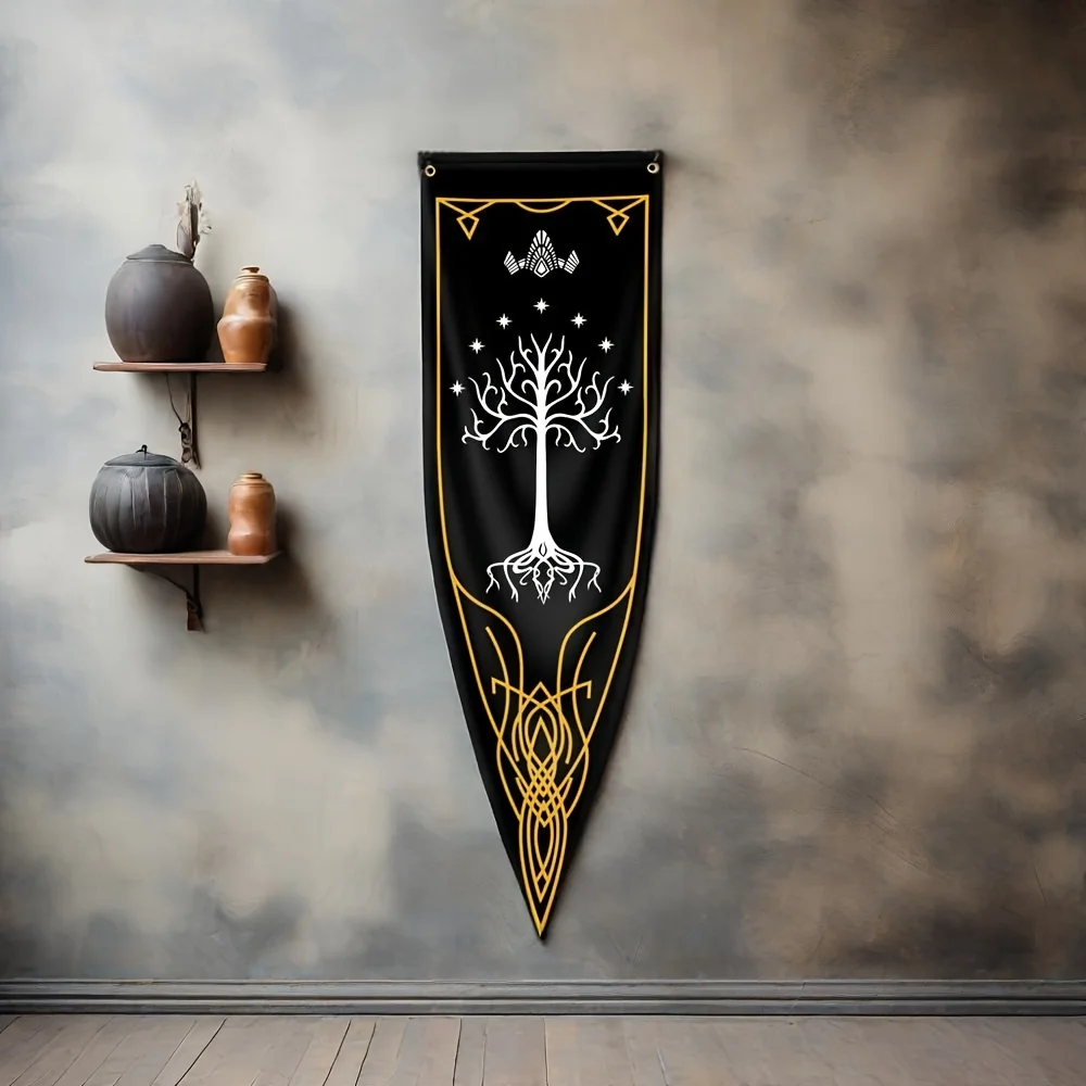 VIKAMA Elfenring-Flagge von Gondor, schwarze und goldene Mauern im mittelalterlichen Stil mit an den Wänden hängenden Flaggen, Heimtextilien – Detail 2