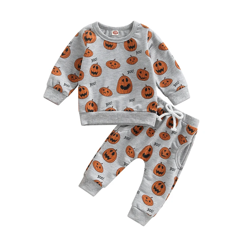 

Baby Boys Girls Halloween Outfits Long Sleeve O Neck Pumpkin Print Tops Gray Drawstring Pants