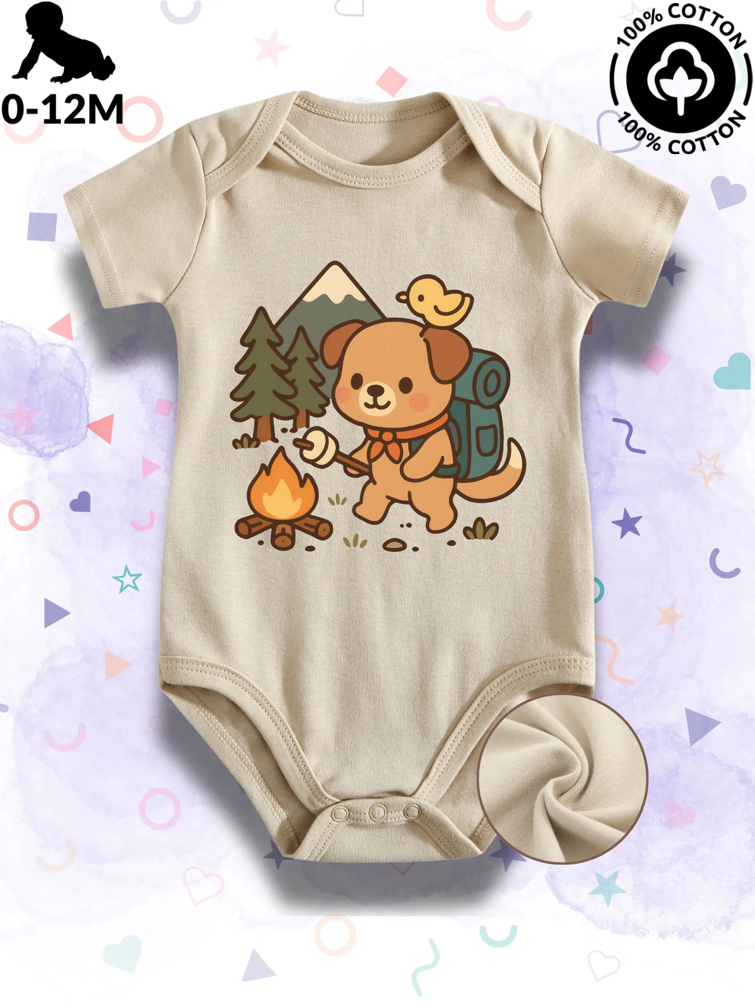 

Детский комбинезон-боди унисекс с принтом «Щенок, жарящий зефир», 100% хлопок, мягкий, всесезонный, бежевый, 190 г/м²