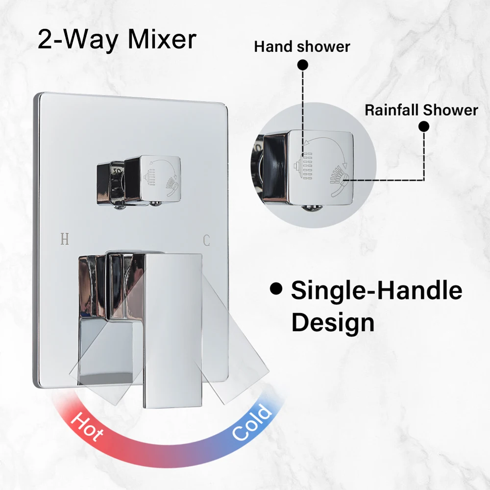 Juego de grifo de ducha de baño cromado, grifo mezclador desviador de latón mezclado de lluvia de 2/3 vías, cabezal de 8-16 ", Control de caja integrada montado en la pared