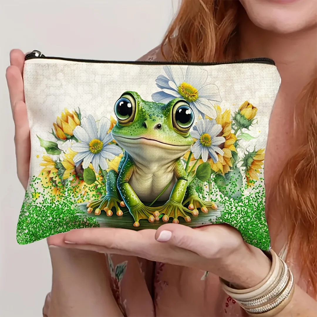 1pc Frog & Daisy Print Storage Bag,Tote Bag, Perfect for Daily,Travel,Makeup Storage,A Whimsical Gift for Nature & Animal Lovers