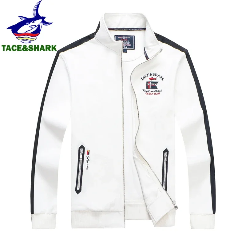 TACE&SHARK Fashion Brand Shark Solid Color Embroidery Jackets Zipper Turtleneck Men Pullovers Mens White Outerwear Clothing