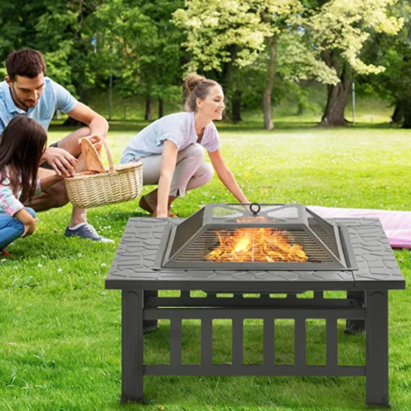 32x32x17Inch Outdoor Metal Wood Burning Square Fire Pit Portable Garden Courtyard Fire Bowl with Spark Screen Log Poker&Cover