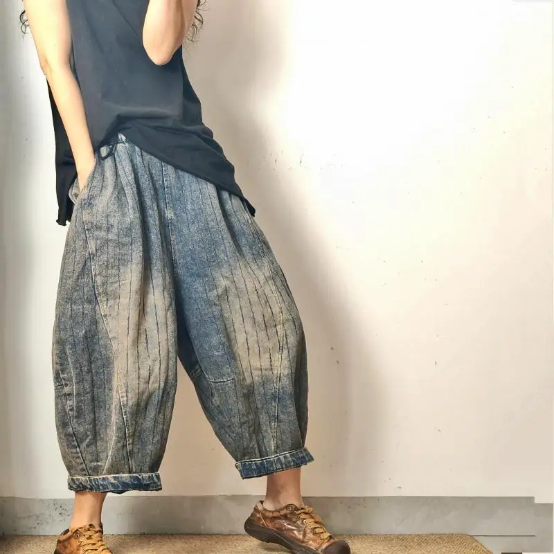 2026 Spring Autumn New Arts Style Women Elastic Waist Loose Casual Cotton Denim Pants Vintage Blue Stripe Jeans High Quality T79