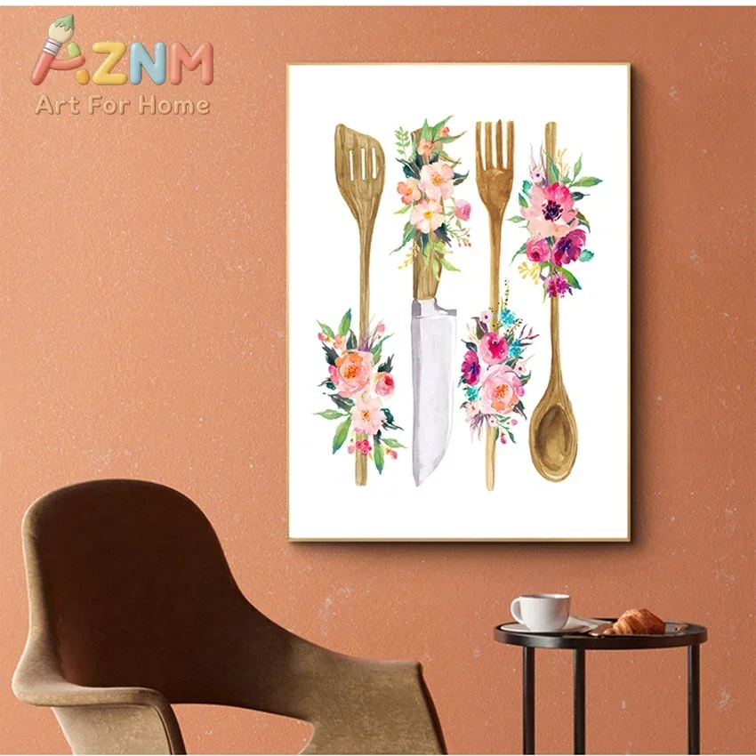 AZNM Floral Kitchen Utensils Canvas Wall Art Watercolor Flower Wooden Spoon Fork Knife Print Dining Room Decor Unframed Canvas P