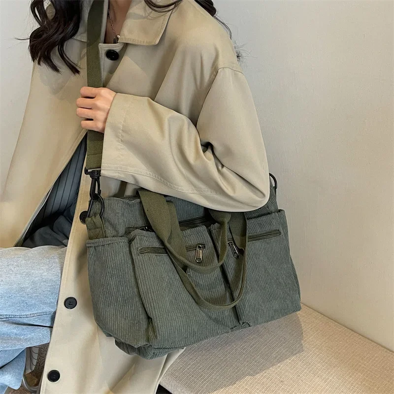 Corduroy Large Capacity Women Shoulder Bag Classic Korea Style Elegant Tote Bag Traveling Multilayer Thick Classy Crossbody Bag