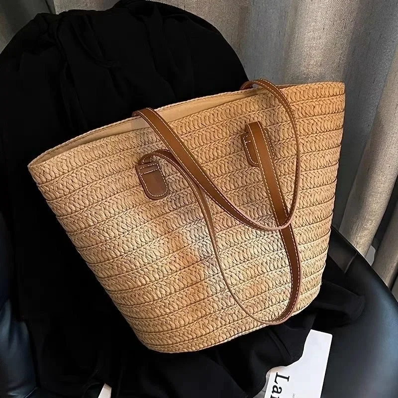 

Women's Large Capacity Shoulder Bag Summer Straw Woven Basket Handbag Fashion Female Luxury Designer Beach Bag Bali Shopper Tote