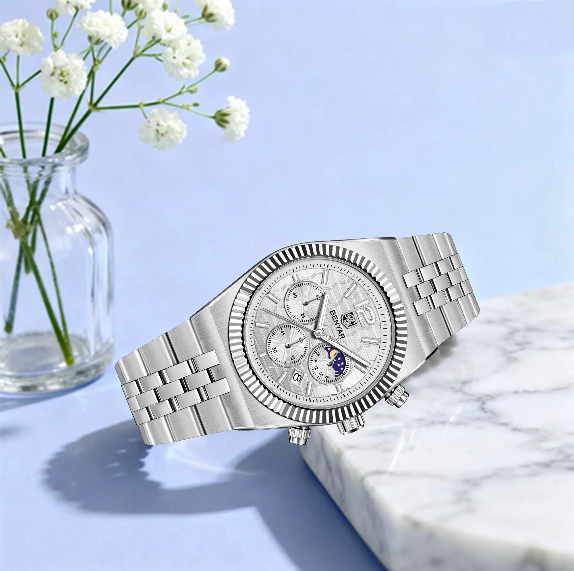 BENYAR 2026 New Men's Quartz Watch Minimalist Color Matching Suitable For Light Business With Daily Stainless Steel Moon Phase