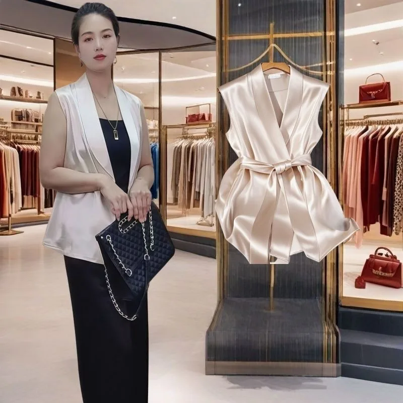 New Summer Light Luxury Sleeveless Suit Satin High-end Temperament Top French Celebrity Vest High Quality High Appearance Level
