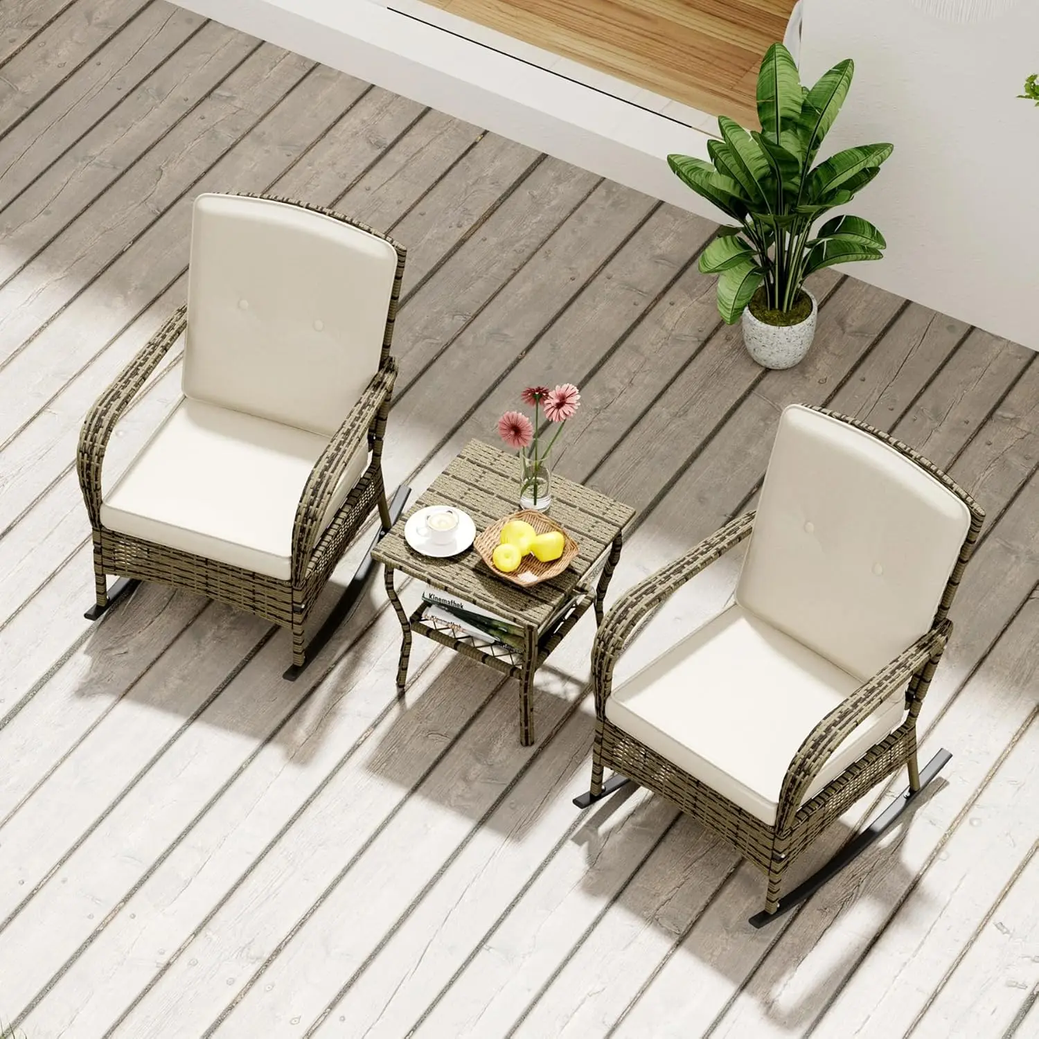 3 Pieces Patio Conversation Set, Outdoor Rocking Chairs, Wicker Bistro Set, Outdoor Furniture Set with Porch Chairs