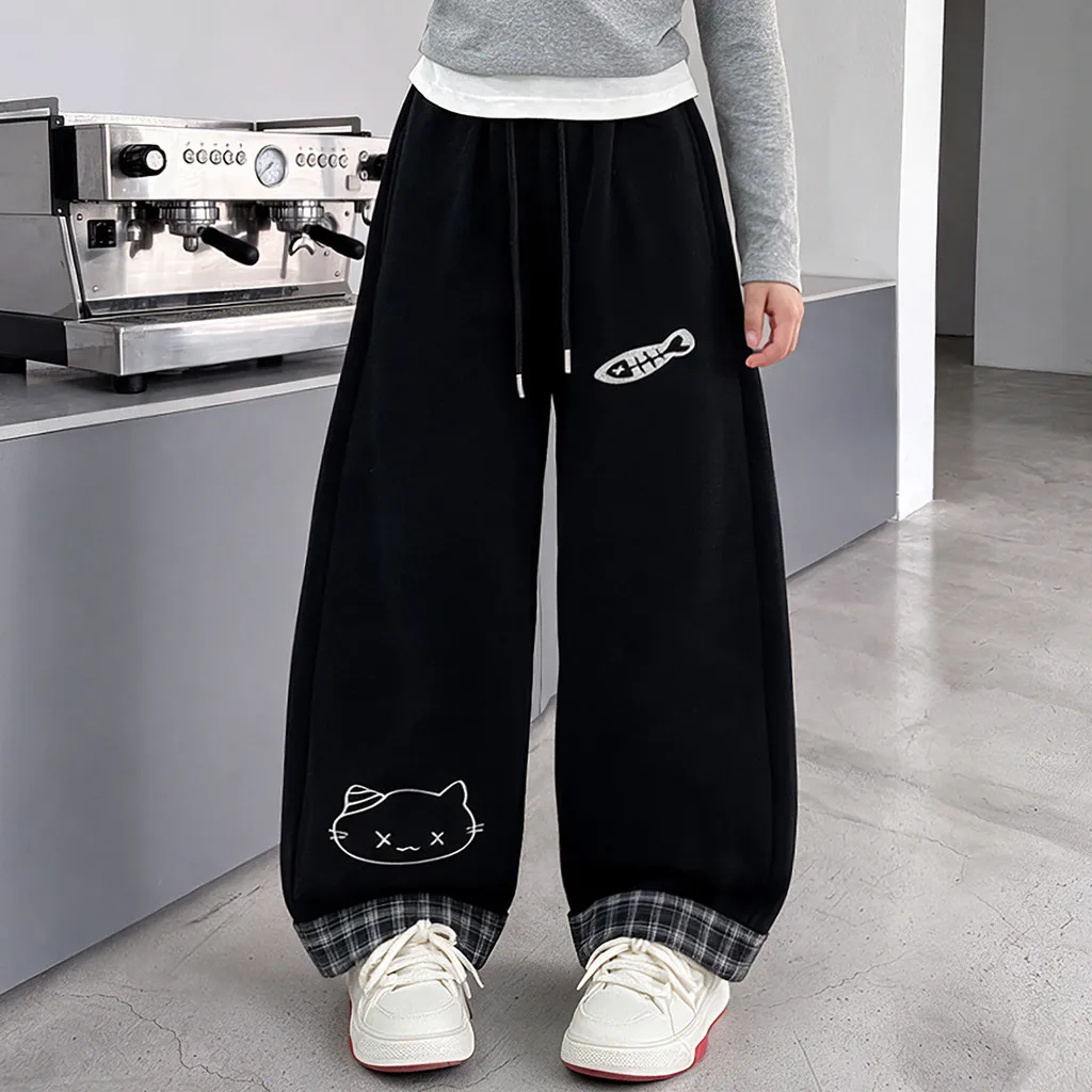 Girls Wide Leg Pants Black Cute Cat Fish Print Plaid Cuff Autumn Children Pants 2026