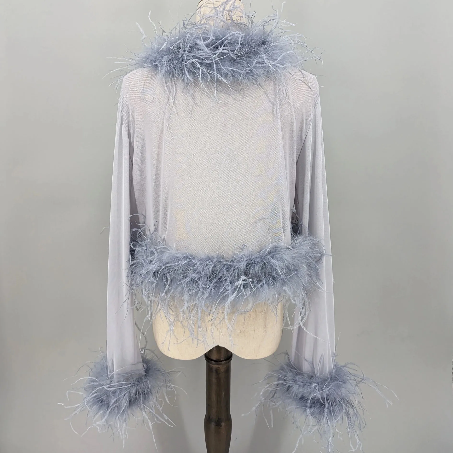 Women See-Through Top with Real Ostrich Feather Brown Black Cropped Jacket Top Bolero 240711