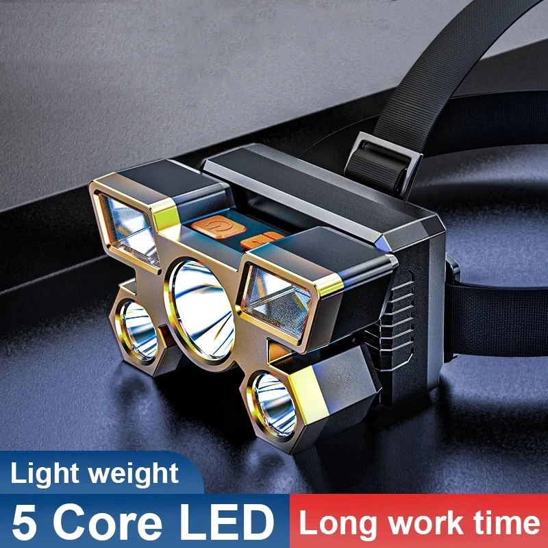 5 LED Head Flashlight Rechargeable Torch Built-in Li-ion Battery LED Headlamp Strong Light Camping Adventure Fishing Light