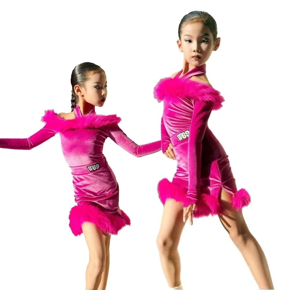 Abito da ballo latino per bambini in velluto Costume da ballo professionale rosa rossa per sala da ballo Cha Cha Rumba Abiti per spettacoli di danza