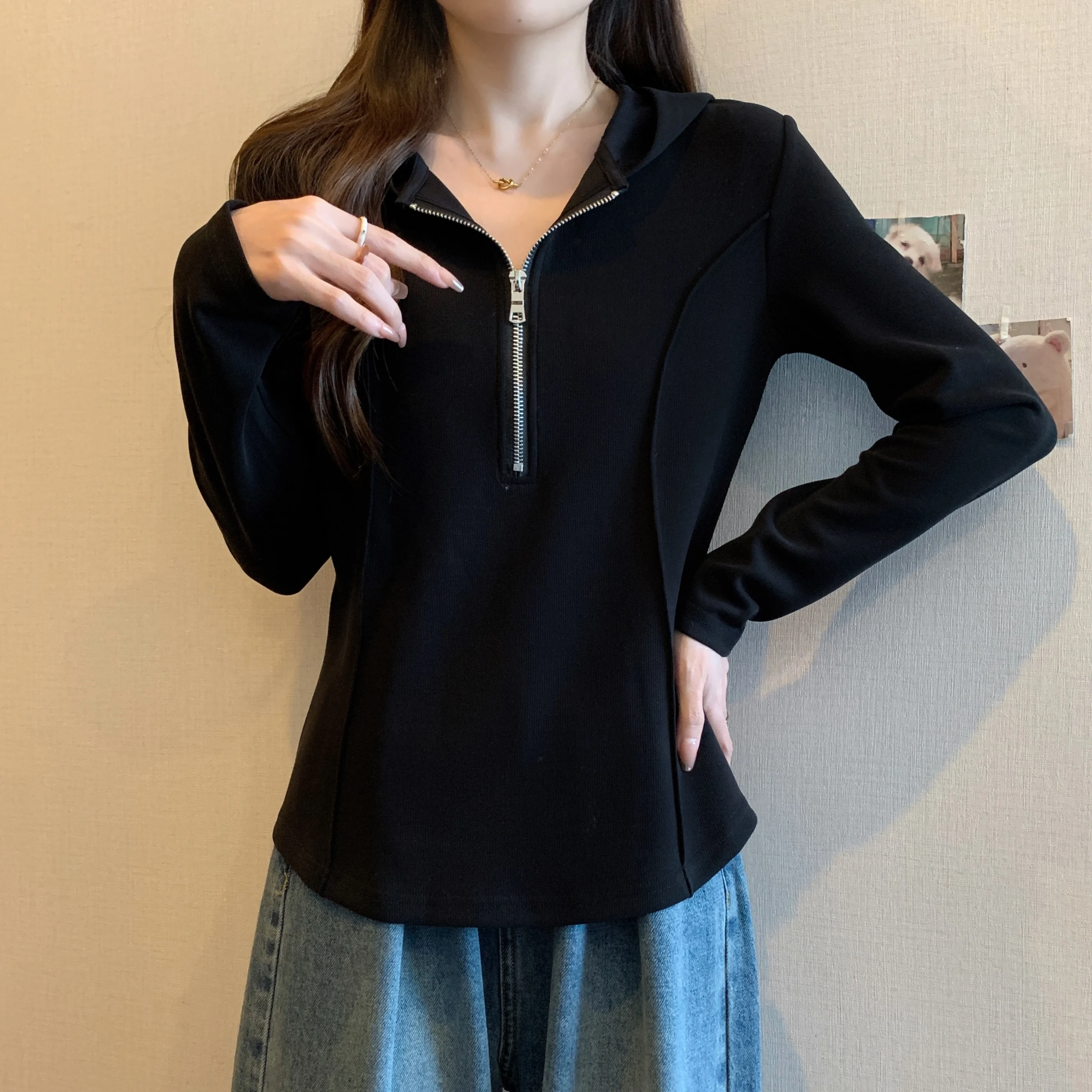 Black Hooded Long Sleeve T-Shirt Women's Early Autumn plus Size Fat MM Half Zipper Sweatshirt Irregular Fishbone Top