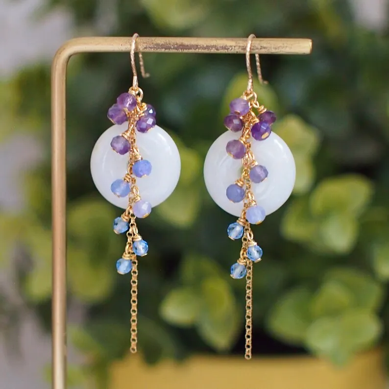 Type A Burmese White Jade Donut Earrings // Long Cascading Gems // Purple Ombre // 14K Gold-filled // Unconventional & Elegant