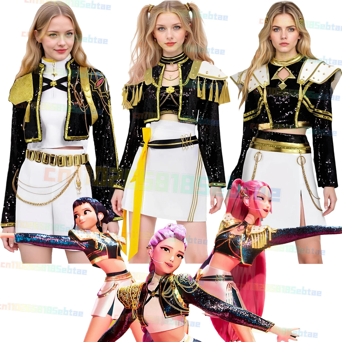 

Anime Kpops Demon Hunters Cosplay Costume K Pop Outfits Black Gold Top Mini Skirt for Halloween Costume Party