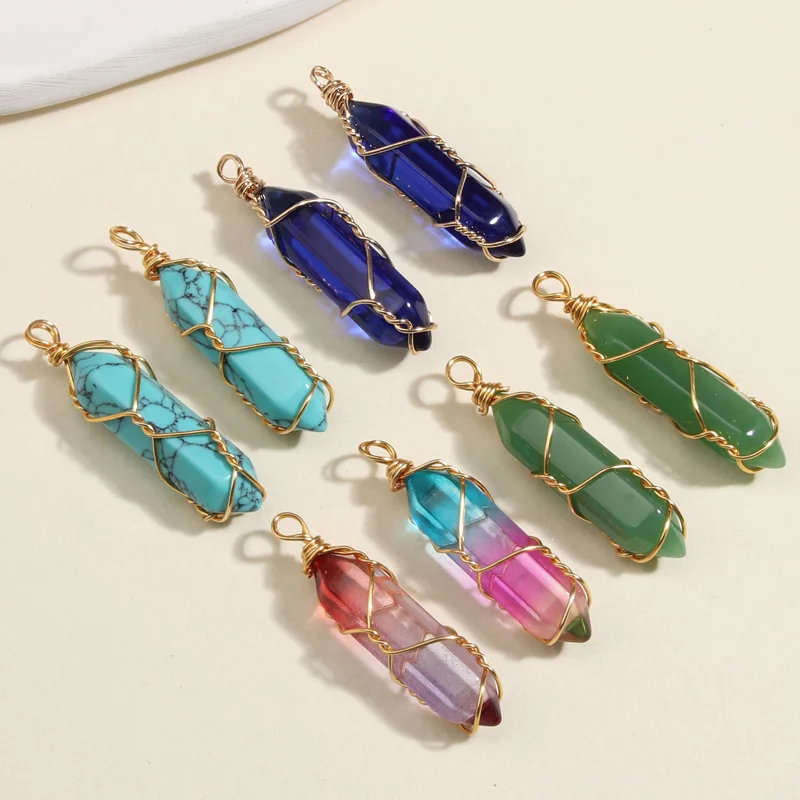 3pcs Colorful Natural Stone Charms Wire Wrap Hexagon Prism Stone Pendant For DIY Necklaces Handmade Jewelry Making Accessories