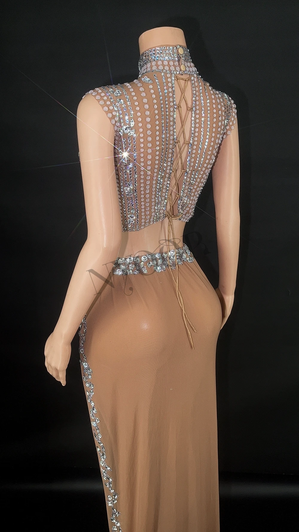 Sparkly Rhinestones Crop Top High Split Long Skirt for Women Sexy Mesh Celebrate Evening Prom Birthday Dress Photo Shoot Wear