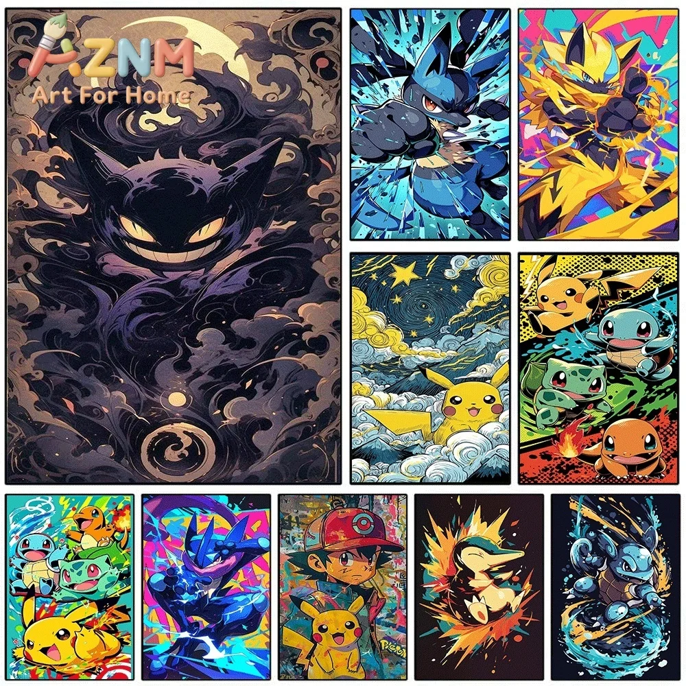 Pokemon Anime Canvas Wall Art No Frame Retro Dark Style Gengar Lucario Pikachu Print Poster for Bedroom Living Room Home Wall