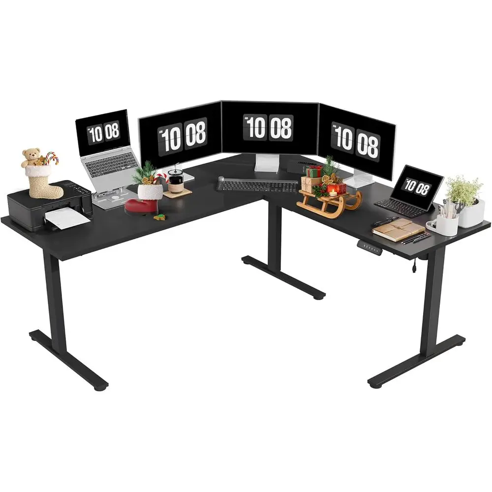 Black Top Electric L-Shaped Standing Desk, 71x63, Memory Height Adjustment, Sleek Black Finish