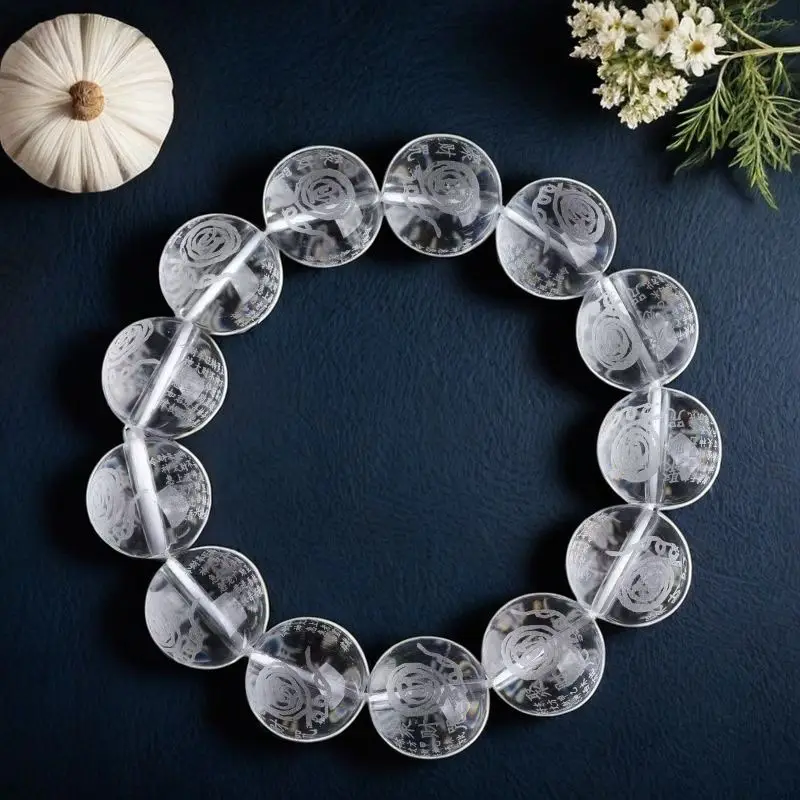 Fortune-making White Crystal Gathering Wealth Carving Heart-sutra-True Words Round Bead Bracelet Accessories Taoist Hand String