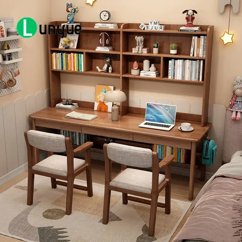 Solid wood double desk, bookshelf integrated, oversized computer desk, long table, household student multi-person learning