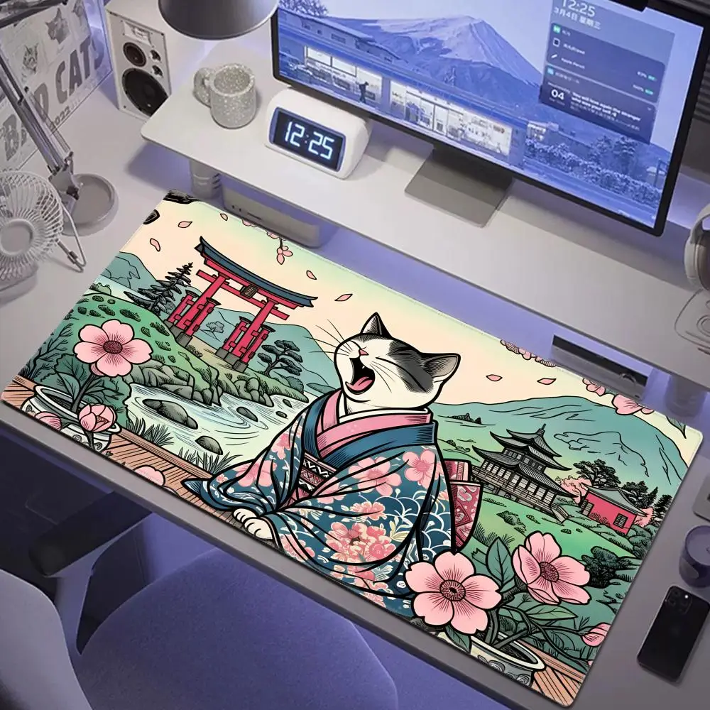 

HYBXAXC Ukiyo-e style cat illustration Mouse Pad Desk Mat with Stitched Edge Non-Slip desk pad pc accessories gaming mats carpet