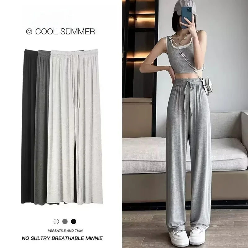 New Women's High Waist Modal Wide Leg Pants Summer Casual Loose Floor-Length Draping Straight Cut Long Trousers