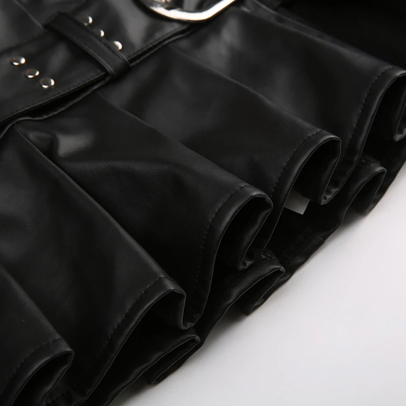 SUCHCUTE Schwarzer Gothic PU-Leder Damen Minirock mit Gürtel, niedriger Taille, Reißverschluss, Faltenrock, Y2K Streetwear, 2000er Jahre Kleidung, Sommer, Koreanisch – Detail 10