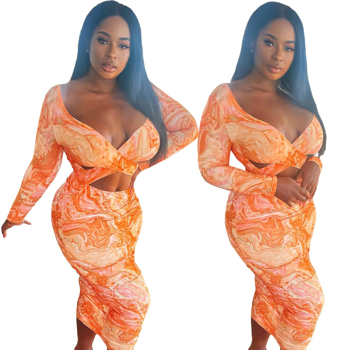 Langes und knöchellanges Batikdruck-Kleid mit ausgehöhltem Plissee und großem V-Ausschnitt, 2026, Frühling und Sommer, neues Temperament, Damen-High-Stre