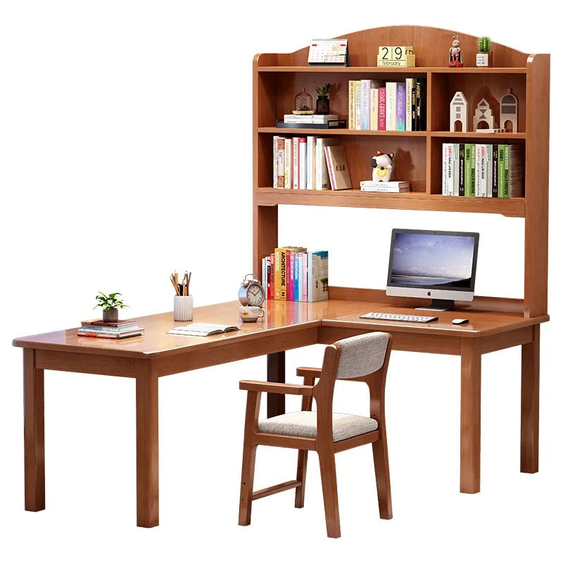 Corner L-shaped solid wood desk bookshelf integrated desktop computer desk