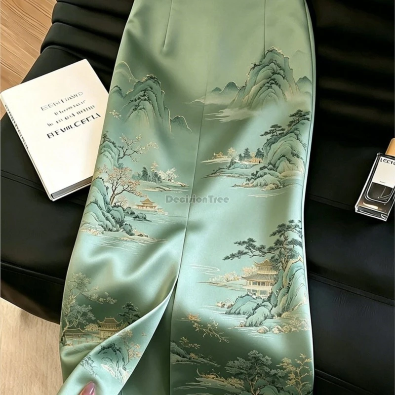 2026 new women's green chinese style printed half length skirt female summer new half length skirt women's chinese retro dress