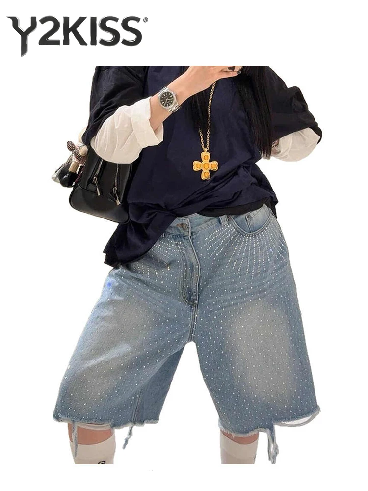 

Summer Women American Retro Jorts Punk Jean Shorts Rhinestone Y2K 2000s Harajuku Denim Calf-Length Pant Japanese High Street