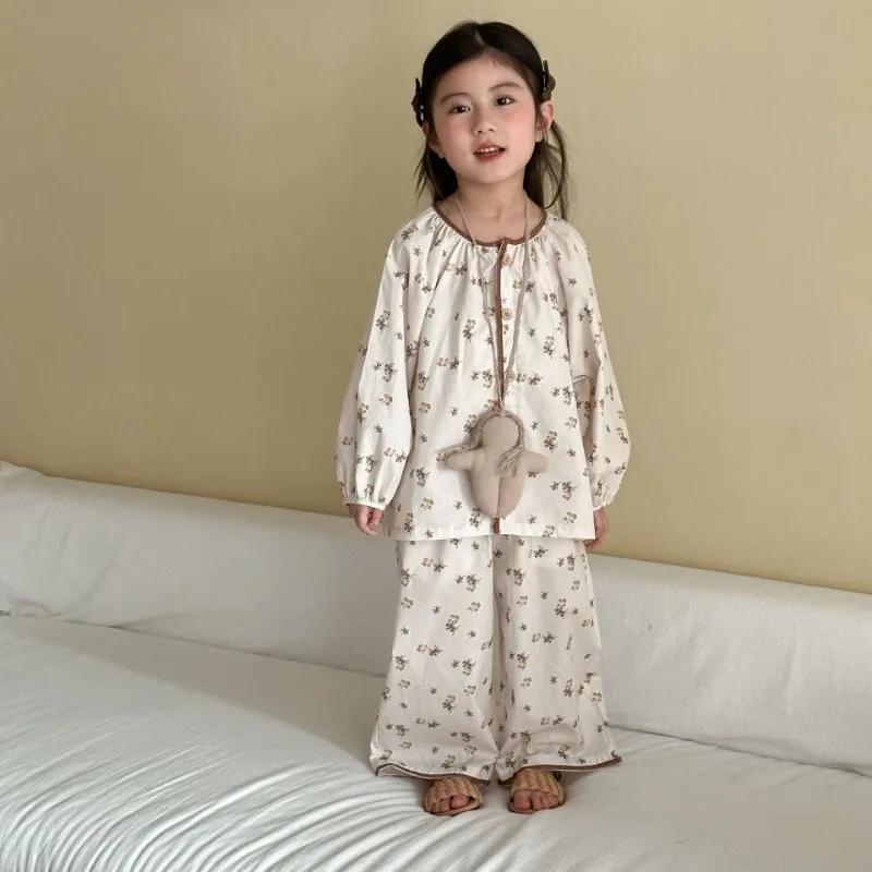 

Girls' Sleepwear Cotton Floral 2025 Autumn Comfortable Loose Round Neck Long Sleeved Cardigan Set Home Clothes Wide Leg Pants