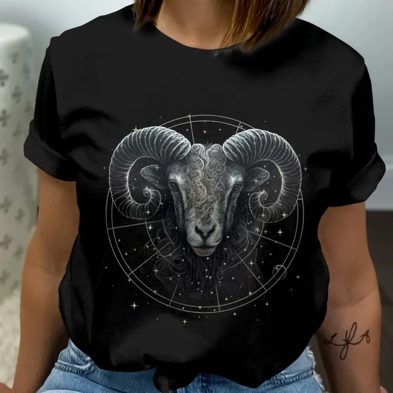 

Mystical Goat Head T-Shirt Black Unisex Occult Design with Ornate Ram Skull and Stars in Circle Casual Fashion Top Fashionable