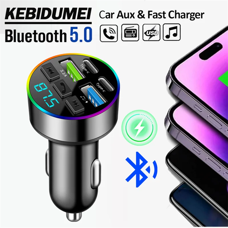 KEBIDUMEI Bluetooth 5,0 modulador FM 66W 4 puertos PD + 3.1A carga rápida USB música manos libres Kit de coche con luz ambiental RGB