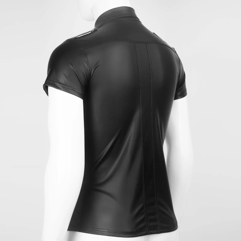 Men Latex PVC Shirt Top Sexy Open Elasticity Faux Leather Short Sleeve Shirt Nightclub Stage Bar Club Wear Fetish Erotic Costume