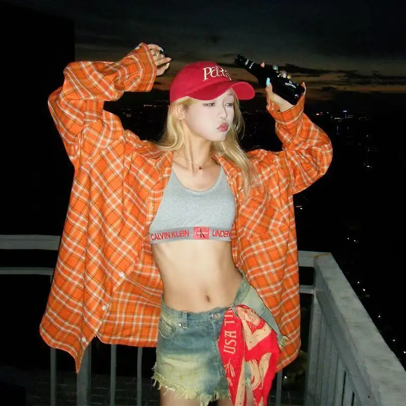 Deeptown Vintage Plaid Women Shirts Harajuku Long Sleeve Korean Fashion Gyaru Blouses Oversized Orange Commute Sunscreen Summer