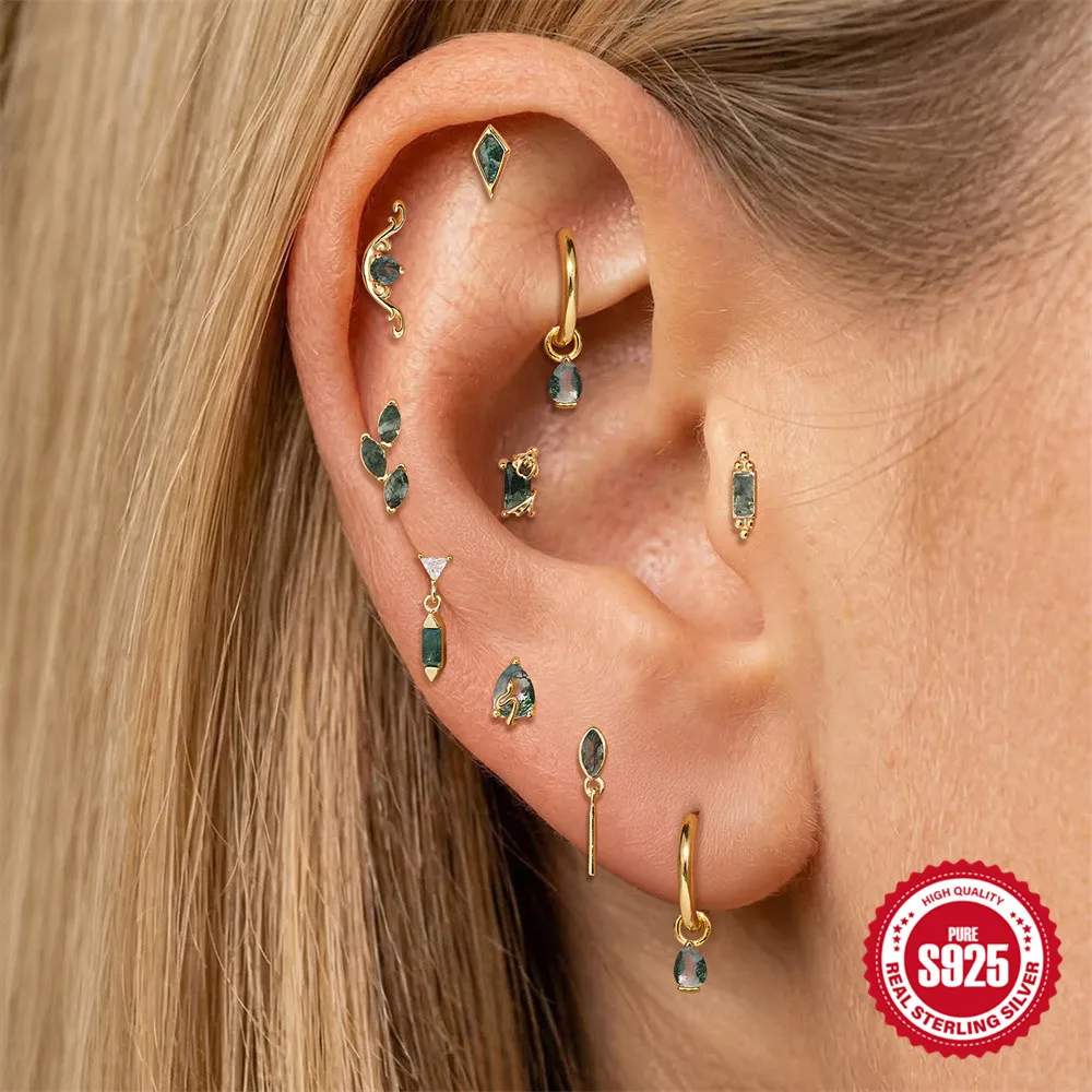 CANNER Natural Water Arass Agate Geometric Waves/Leaves Piercing Earrings For Women 925 Sterling Dainty Luxury Fine Jewelry
