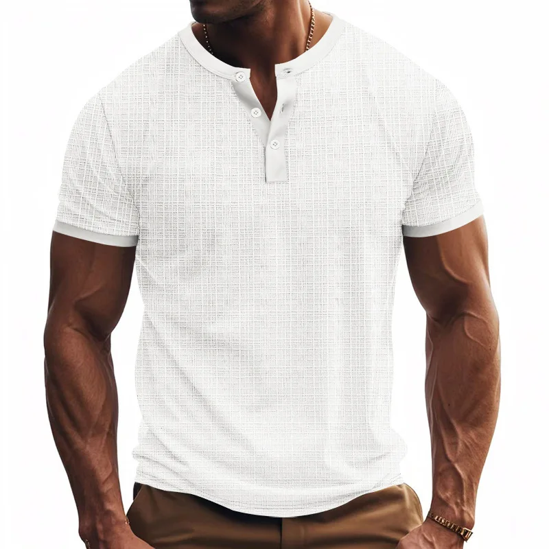 Men Textured Short Sleeve Henley T‑Shirt, Partial Button Placket Crew Neck Casual Summer Tops