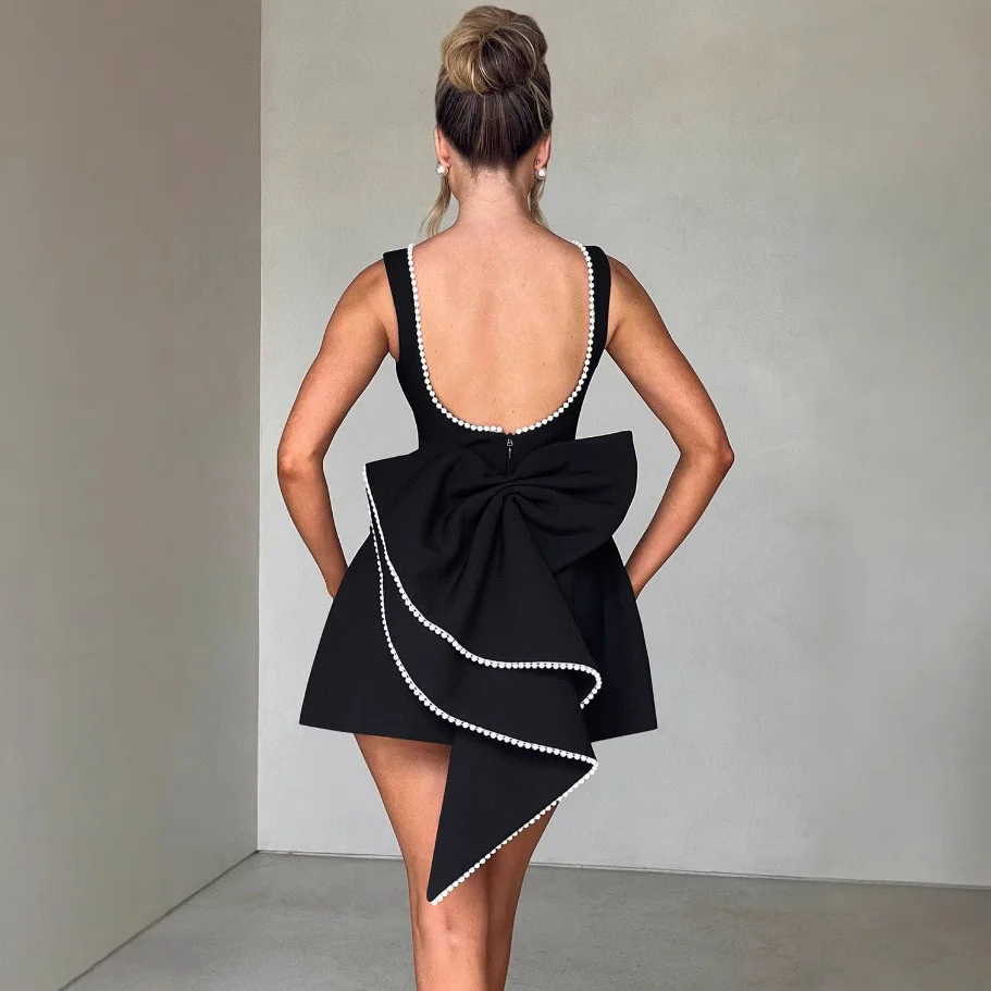 

2025 Pearl Bow Backless Sexy Mini Dress For Women Robe Fashion Zipper Sleeveless High Waist A-line Club Party Dress Elegant