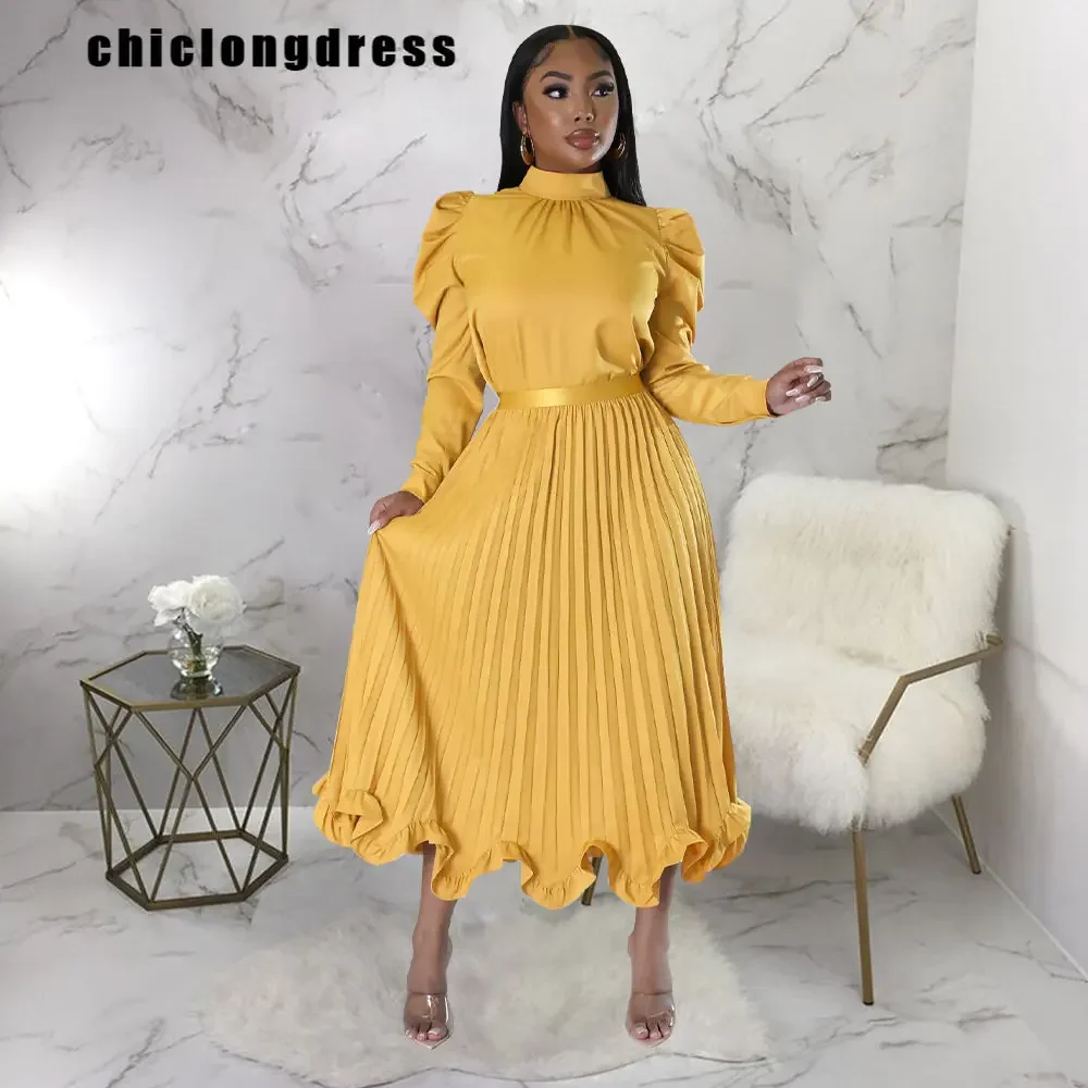 

Autumn Fashion Elegant Slim Two Piece Set Women Solid Satin Puff Sleeve Top Ruffle Dress Two Piece Set Women