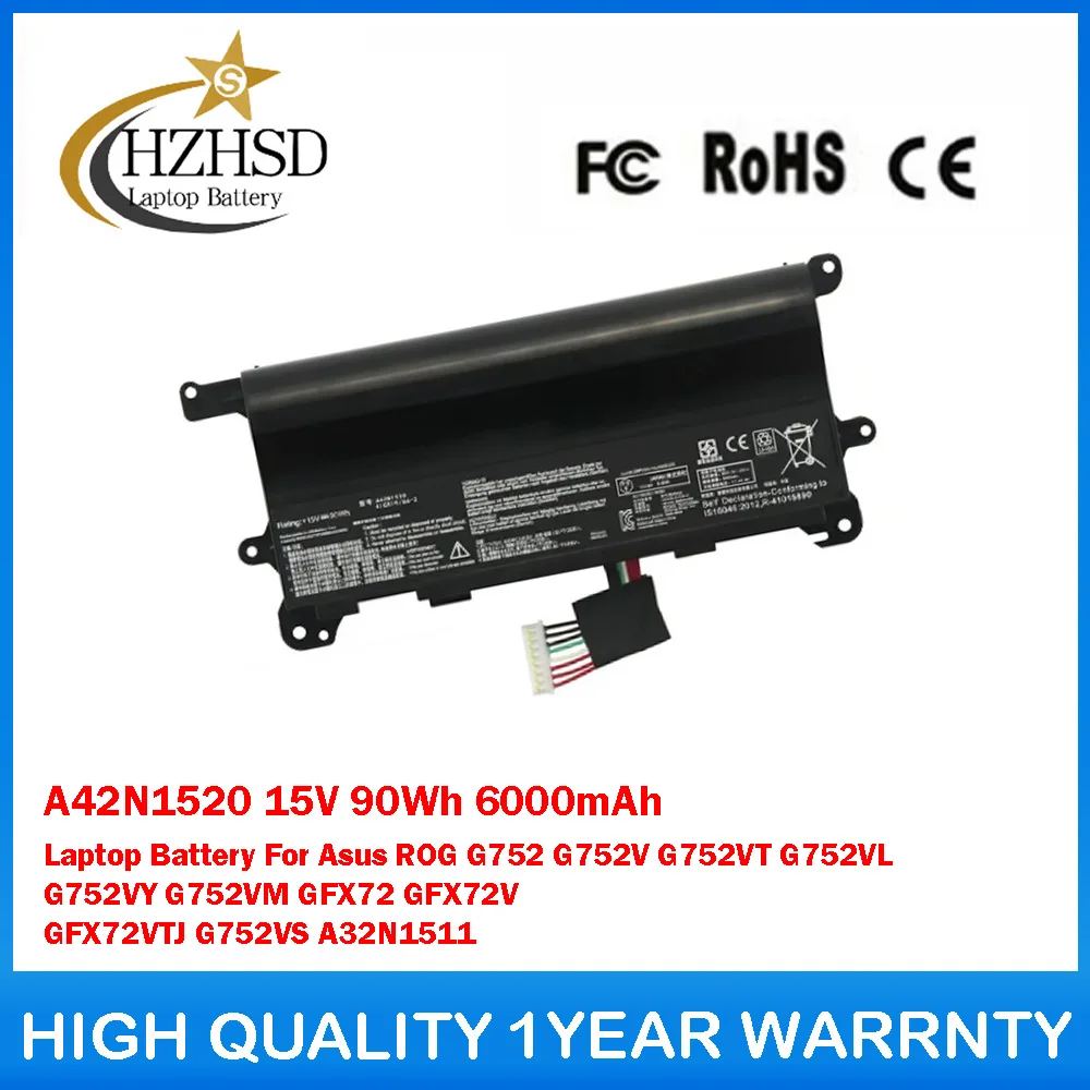 

A42N1520 15V 90Wh 6000mAh Laptop Battery For Asus G752 G752V G752VT G752VL G752VY G752VM GFX72 GFX72V GFX72VTJ G752VS A32N1511