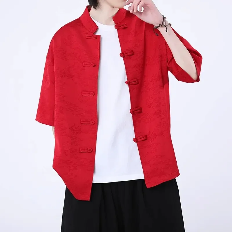 

Pop 2025 Men Shirt Mandarin Collar Short Sleeve Summer Oversize Men Black White Red Chinese New Year Retro Hanfu Print Shirts