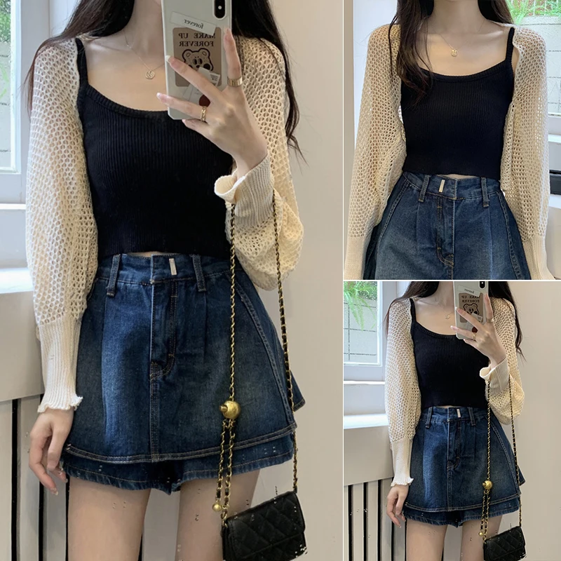 Knitted Cardigan Summer New Thin Loose Long-sleeved Shawl Short Tops Hollow Out Solid Color Women's Open Front Knit Cardigan