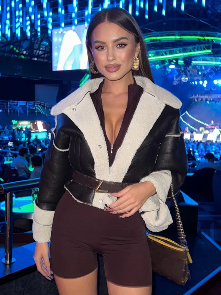 

Women Winter Warm Leather Jackets 2025 Patchwork Lapel Collar Lamb Coats Autumn Single Breasted Cropped Street Lady Outerwears